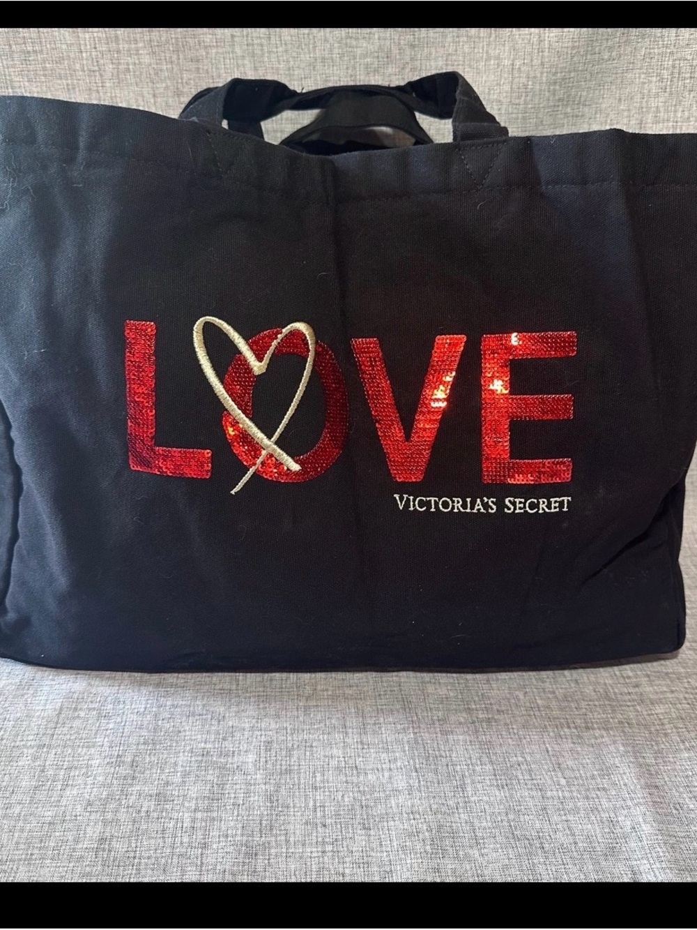 Victoria's Secret Black Tote with Red Sequin LOVE and Gold Heart Accent